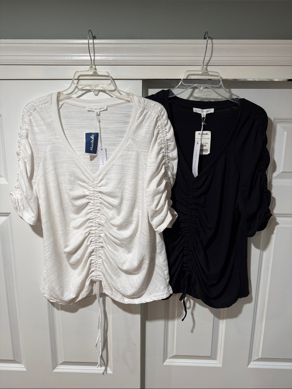 BUNDLE: Jane and Delancey Ruched V-Neck Drawstring Tops in White and Black